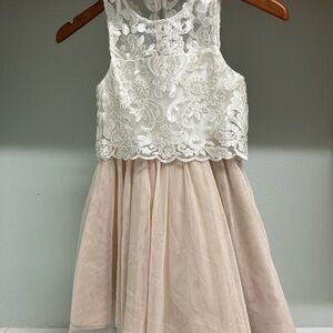 Rare Editions Girls Dress – Cream Lace & Tan Tulle, Size 7